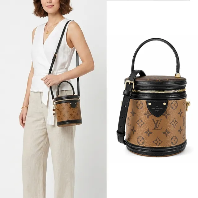 【Louis Vuitton 路易威登】M43986 新款CANNES Monogram帆布印花牛皮飾邊復古圓筒/兩用包(棕)