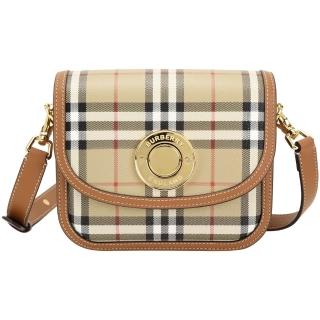 【BURBERRY 巴寶莉】Elizabeth 小款 格紋塗層拼小牛皮翻蓋斜背包(典藏米)