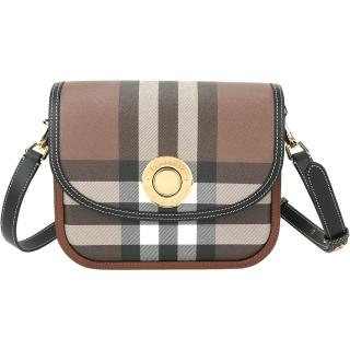 【BURBERRY 巴寶莉】Elizabeth 中款 環保格紋帆布拼小牛皮翻蓋斜背包(深樺木棕)