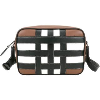 【BURBERRY 巴寶莉】編織車縫格紋小牛皮斜背相機包(棕褐色)