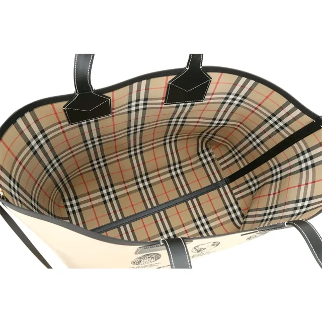 【BURBERRY 巴寶莉】London 大款 標籤印花棉質拼小牛皮托特包(附萬用包/米杏色)