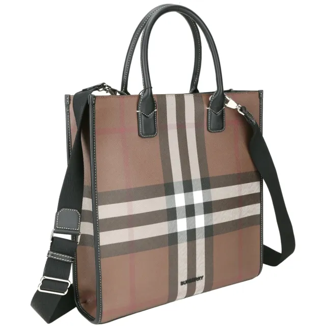 【BURBERRY 巴寶莉】Denny 輕便窄版格紋環保帆布直立托特包(深樺木棕)