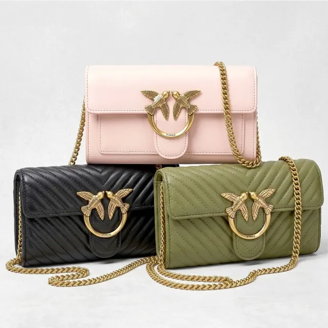 【PINKO】Love One Birds 燕子銅釦 牛皮鍊帶長 斜背包(多色 義大利精品)