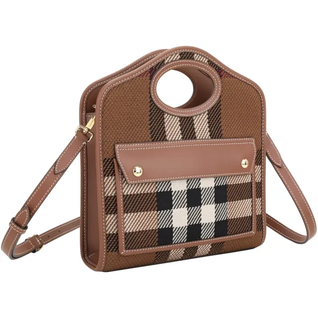 【BURBERRY 巴寶莉】Pocket 迷你款 格紋針織拼接牛皮口袋斜背包(樺木棕)