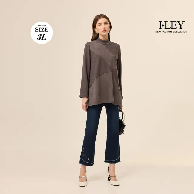 【ILEY 伊蕾】簡約立領坑條開衩長版上衣(鐵灰；M-3L；1254071740)