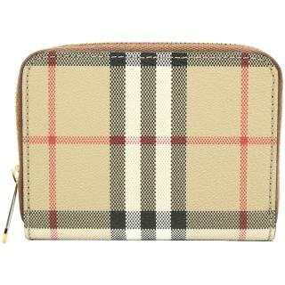 【BURBERRY 巴寶莉】Vintage 格紋塗層小牛皮ㄇ型拉鍊卡片夾 零錢包(典藏米)