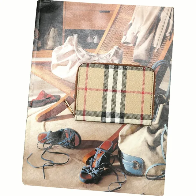 【BURBERRY 巴寶莉】Vintage 格紋塗層小牛皮ㄇ型拉鍊卡片夾 零錢包(典藏米)