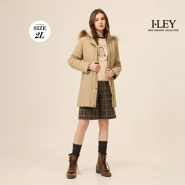 【ILEY 伊蕾】貉子毛活動帽長版鋪棉外套(綠；M-2L；1254534104)