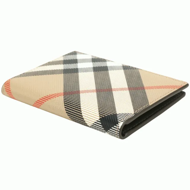 【BURBERRY 巴寶莉】格紋塗層羊皮對折卡夾 萬用包(卡其色)