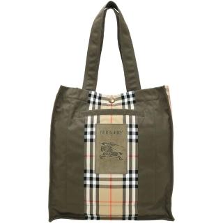 【BURBERRY 巴寶莉】Check 戰馬騎士麂皮徽標 格紋拼接帆布肩背托特包(軍綠)