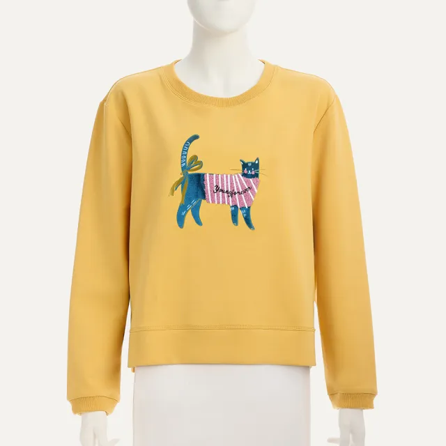 【ILEY 伊蕾】法國藍貓貼布繡棉質大學T(黃；M-XL；1254291201)