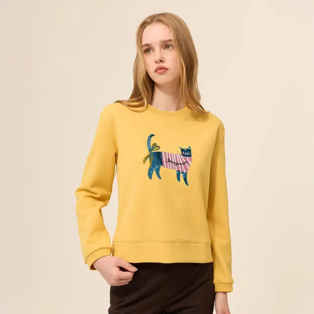 【ILEY 伊蕾】法國藍貓貼布繡棉質大學T(黃；M-XL；1254291201)