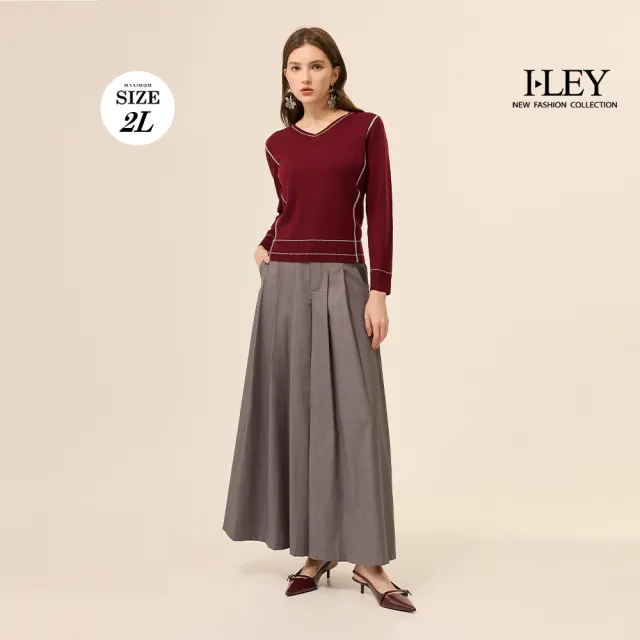 【ILEY 伊蕾】撞色V領抗皺羊毛針織上衣(深紅；M-2L；1254175002)