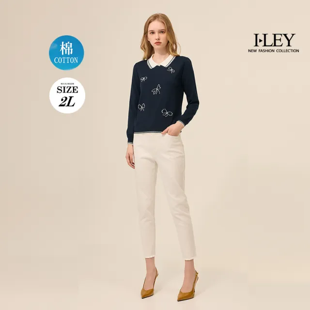 【ILEY 伊蕾】珍珠蝴蝶結針織上衣(深藍；M-2L；1254405513)
