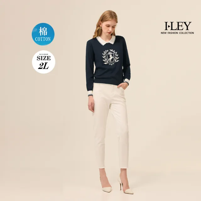 【ILEY 伊蕾】撞色翻領緹織針織上衣(深藍；M-2L；1254405514)