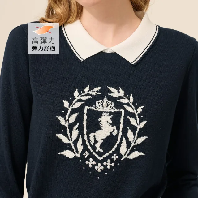 【ILEY 伊蕾】撞色翻領緹織針織上衣(深藍；M-2L；1254405514)