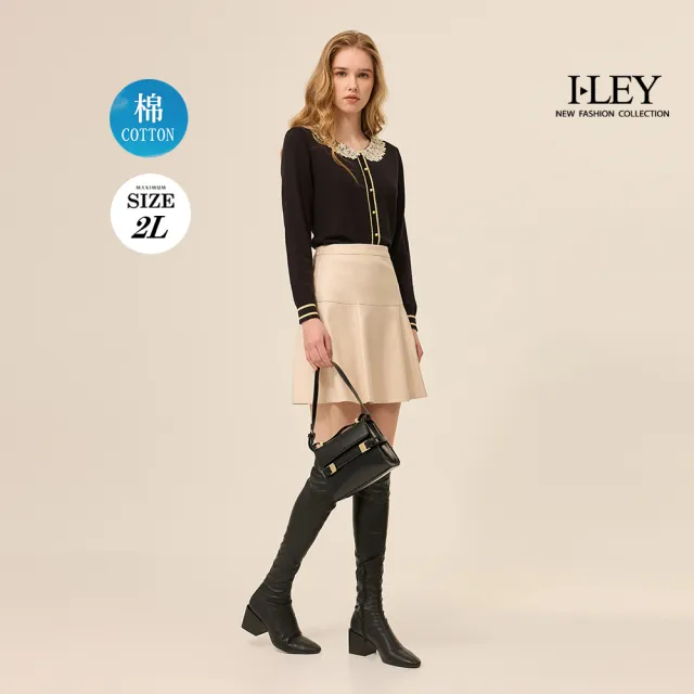 【ILEY 伊蕾】縷空蕾絲領片棉質針織上衣(黑；M-2L；1254405512)