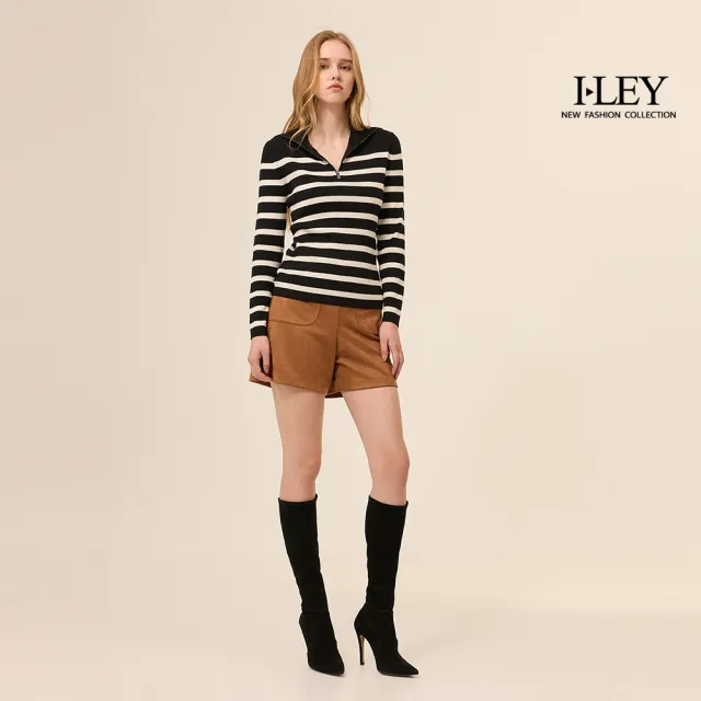 【ILEY 伊蕾】條紋高領羊毛針織上衣(黑；M-XL；1254375502)