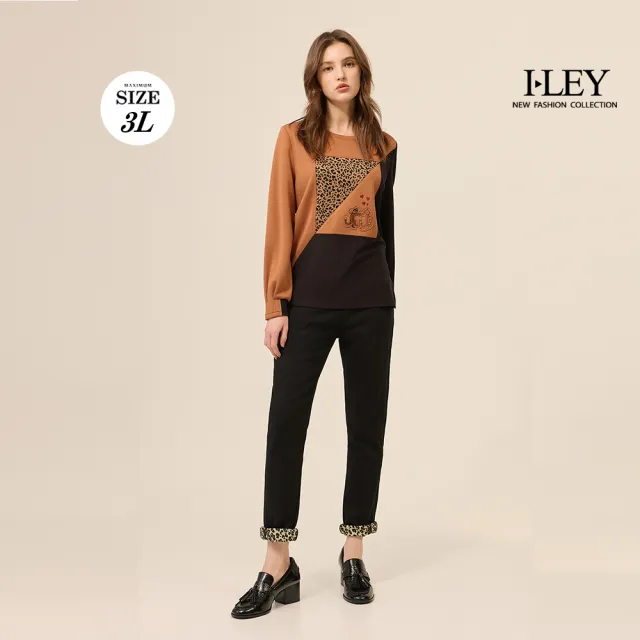 【ILEY 伊蕾】豹紋內磨毛窄管牛仔褲(黑；M-3L；1254478603)