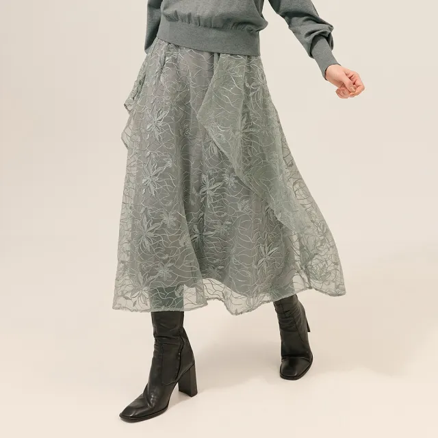 【ILEY 伊蕾】花朵刺繡亮片蕾絲網紗長裙(灰;M-XL;1253612203)