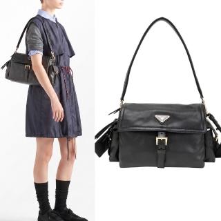 【PRADA 普拉達】Explore 中款 金三角牌 納帕羊皮 雙袋翻蓋手提 肩斜背包(黑色)