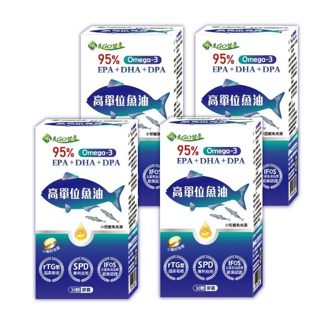 【友GO健康】高單位魚油95% Omega-3 EPA+DHA+DPA 30顆X4盒(高濃度挪威魚油/小型鯷魚來源小顆好吞)