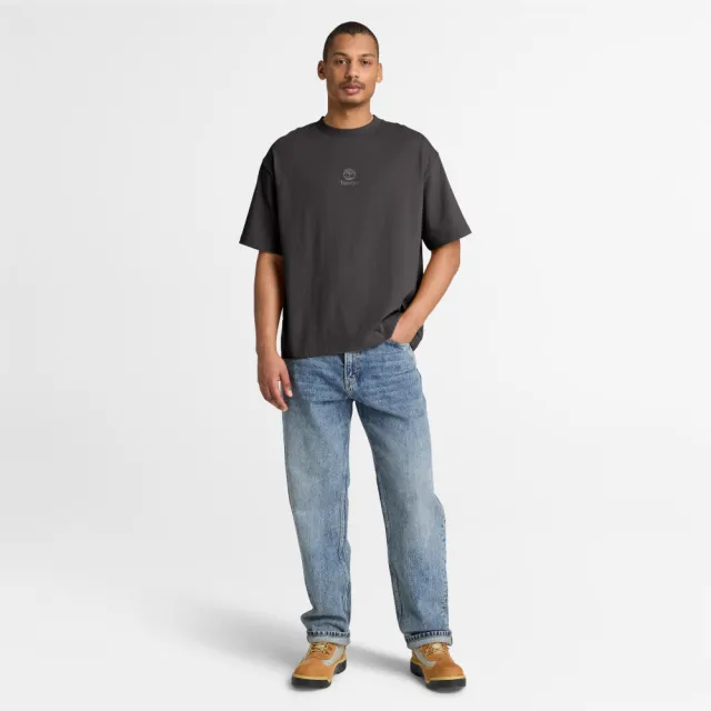 【Timberland】男款灰黑色寬版厚磅刺繡LOGO短袖T恤(A2781CN1)