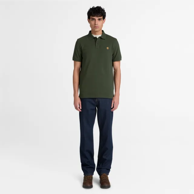 【Timberland】男款綠色刺繡LOGO短袖Polo衫(A2AC1U31)