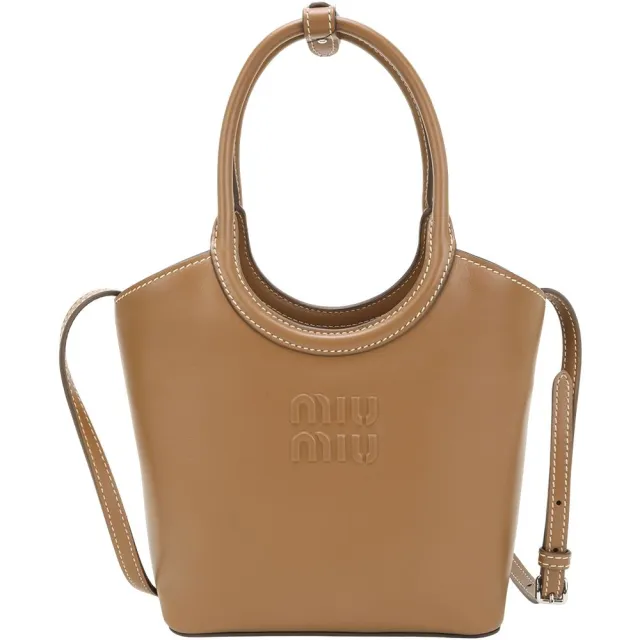 【MIU MIU】IVY 浮雕字母牛皮 肩斜背 托特包(棕色 5BA330)