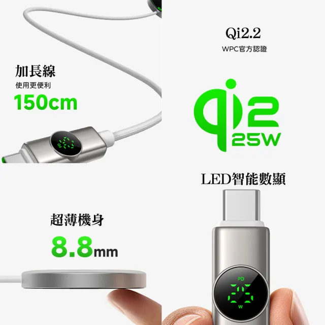 【AIDOGA】長線 Qi2.2 25W 磁吸快充無線充電器 數顯 MagSafe 1.5M 支援iPhone 18/17/安卓/手機/耳機
