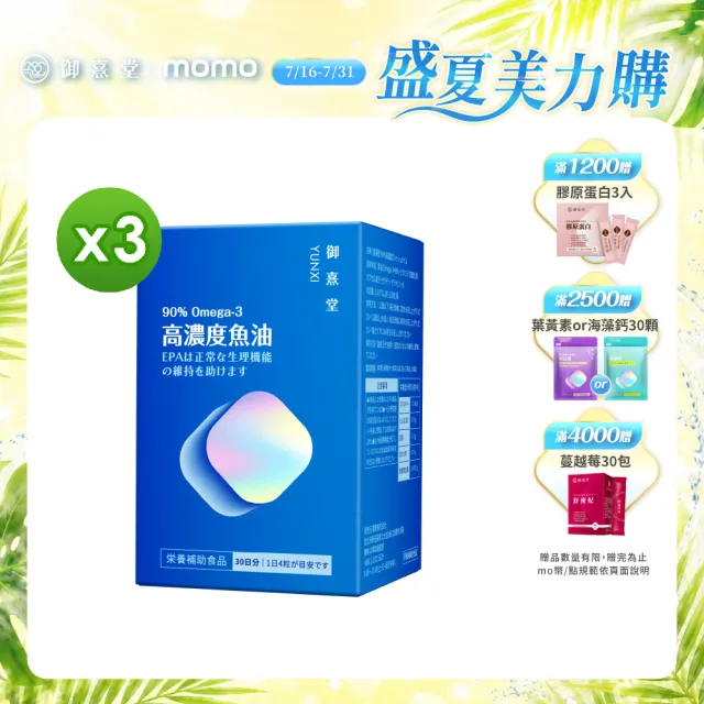 【御熹堂】黃金頂級 90%高濃度專利魚油3入組(一入120顆、醫師推薦、高單位Omega-3、rTG好吸收)