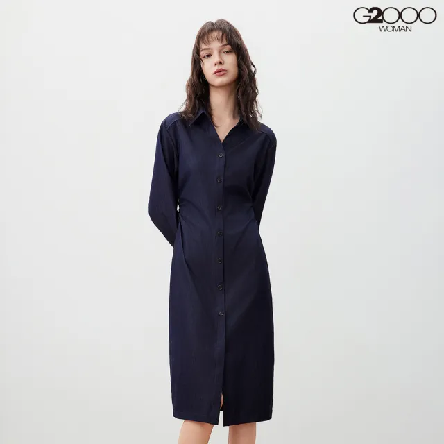 【G2000】女款 V領長袖襯衫式長洋裝-丹寧藍(5623221578)