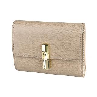 【FURLA 芙拉】FURLA Iride電鍍金釦LOGO牛皮6卡磁釦式三折中夾(小/灰褐x沙米)