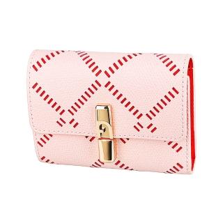 【FURLA 芙拉】FURLA Iride立體金釦LOGO小牛皮鏤空設計6卡磁釦式三折中夾(小/灰粉紅x紅)