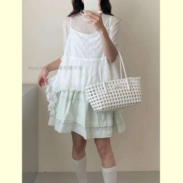 【Want-Meow】90公斤可穿/大胸可/日系細肩帶可調質感蕾絲背心吊帶背心(大碼上衣/大碼/大尺碼/吊帶背心)
