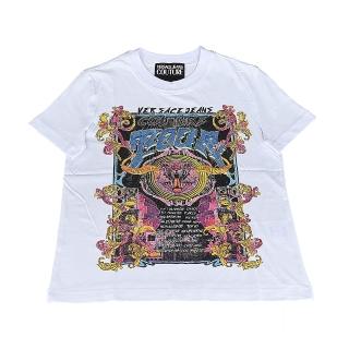 【VERSACE 凡賽斯】VERSACE Jeans Couture 內布標LOGO純綿水鑽貼花圓領短袖T恤(女款/白)
