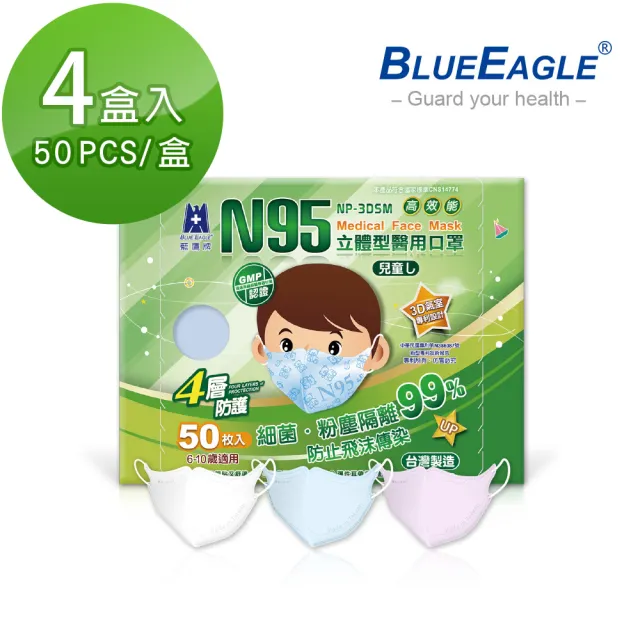 【藍鷹牌】N95立體型6-10歲兒童醫用口罩 50片x4盒(藍天藍/白雲白/粉嫩粉)