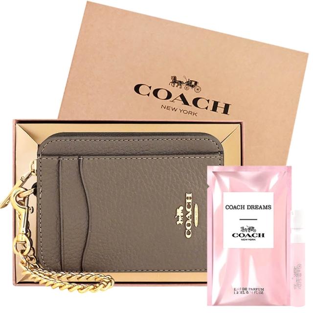 【COACH】荔枝紋皮革金屬鏈帶證件卡夾/零錢包+品牌經典隨身小香(拿鐵色)