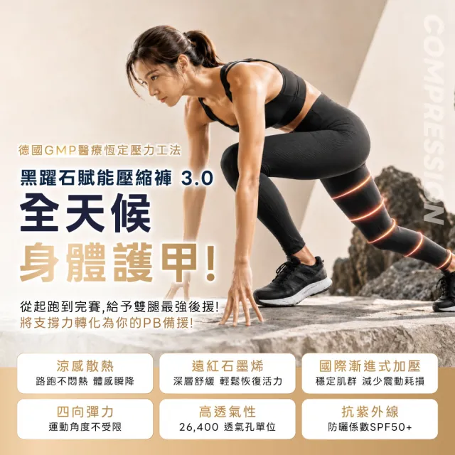 【sNug 給足呵護】黑躍石賦能壓縮褲3.0-女款(石墨烯遠紅外線/涼感/防鐵腿/GMP真壓縮/健身/馬拉松/登山褲)