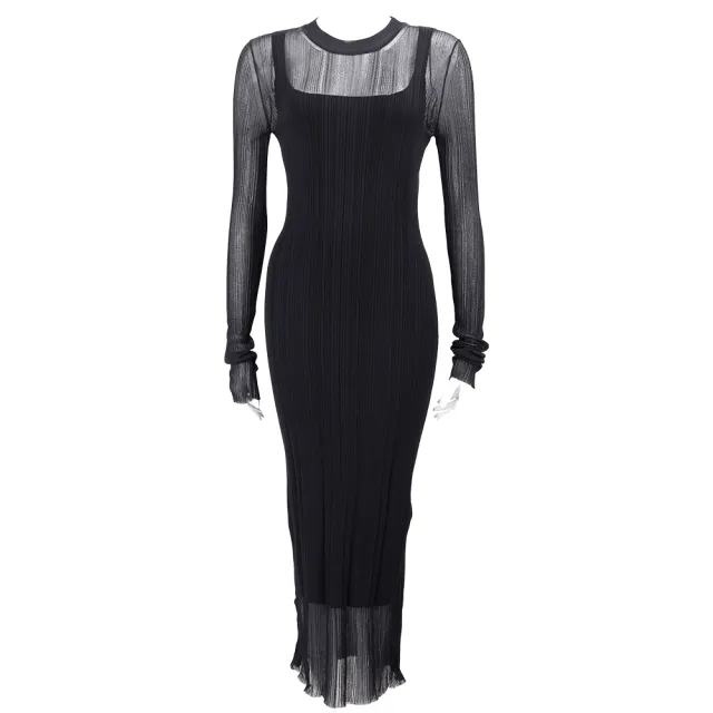 【MaxMara】SPORTMAX SPXCARO 假2件 微透膚圓領 黑色羅紋長袖洋裝 連身裙(義大利精品時裝)