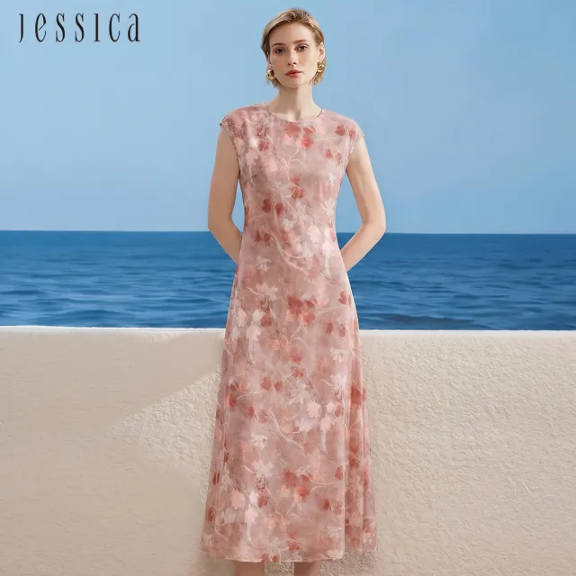 【JESSICA】高雅簡約圓領柔和印花蠶絲無袖長洋裝J63708