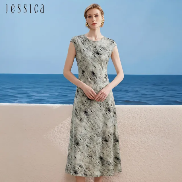 【JESSICA】高雅簡約圓領水墨印花蠶絲無袖長洋裝J63706