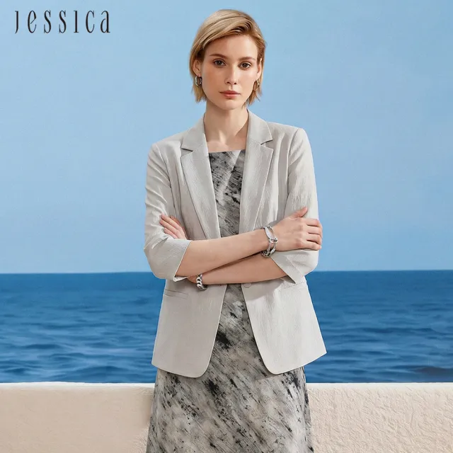 【JESSICA】氣質知性素色蠶絲七分袖西裝外套(灰綠)J63001