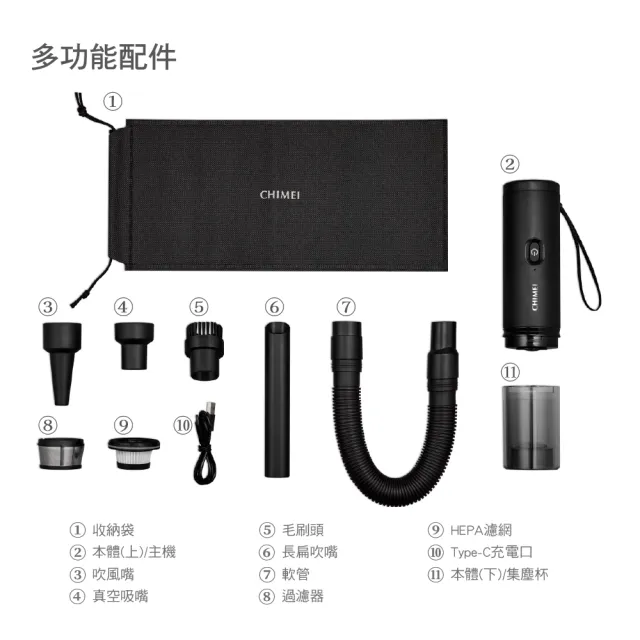 【CHIMEI 奇美】無線隨手吸塵器-mini多配版/無刷大吸力/50分鐘續航/420g極輕/車用/吹吸皆可(VC-HL09BK/WH)