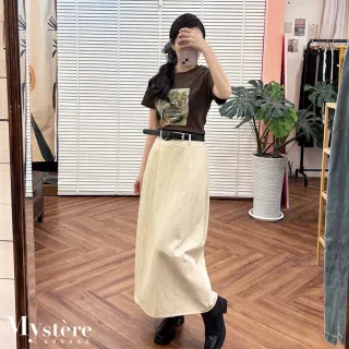 【my stere 我的時尚秘境】高腰修身顯瘦窄裙 附造型腰帶 奶杏色 A字裙 直筒裙 窄筒裙 顯瘦 