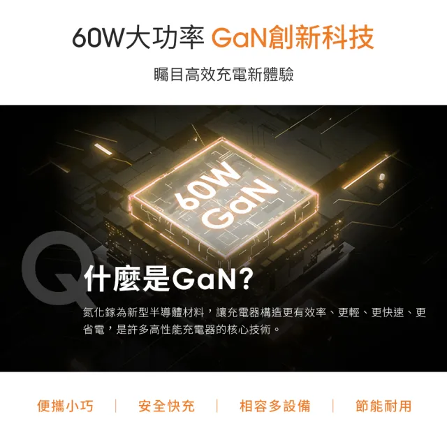 【YOMIX 優迷】二合一充電線★60W GaN氮化鎵迷你雙孔快充充電器(Type-C/USB-A/PD3.0/筆電快充/充電頭)