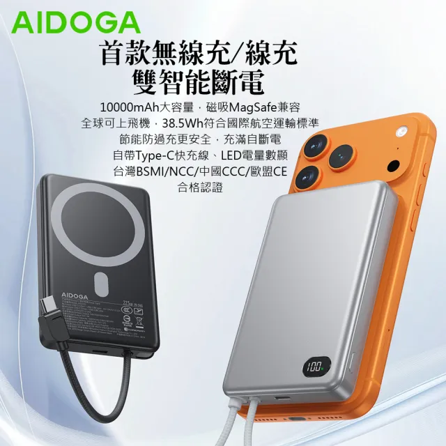 【AIDOGA】2入組 10000mAh 可上飛機 智能斷電磁吸無線充電行動電源 PD雙向快充線 Wh/中國CCC/台灣BSMI