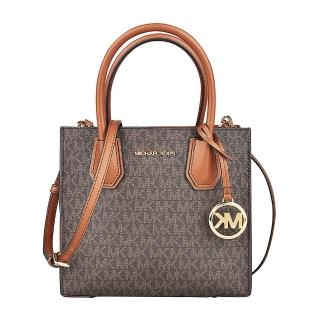 【Michael Kors】MK MICHAEL KORS MERCER經典金字LOGO印花PVC滾邊牛皮手提斜背風琴包(棕褐)