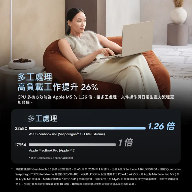 【ASUS 華碩】14吋Copilot+PC AI筆電(Zenbook A16 UX3407QA/Snapdragon X1 26 100/16G/512G/W11)