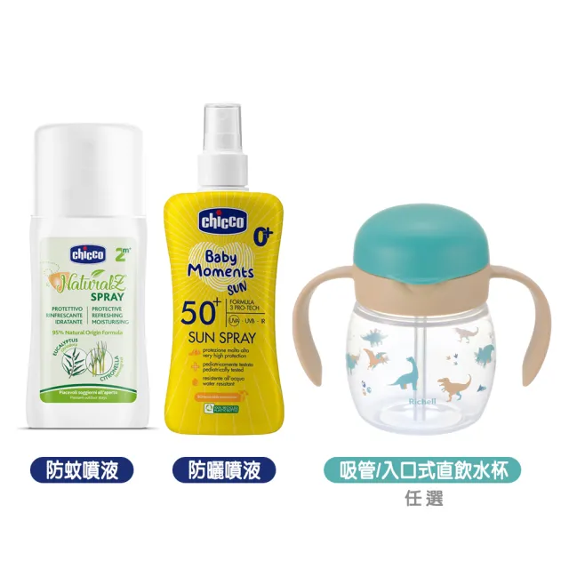 【Chicco】寶貝嬰兒防曬噴液SPF50+NaturalZ植萃防蚊噴液100ml+利其爾T.L.I吸管/入口式直飲水杯200ml